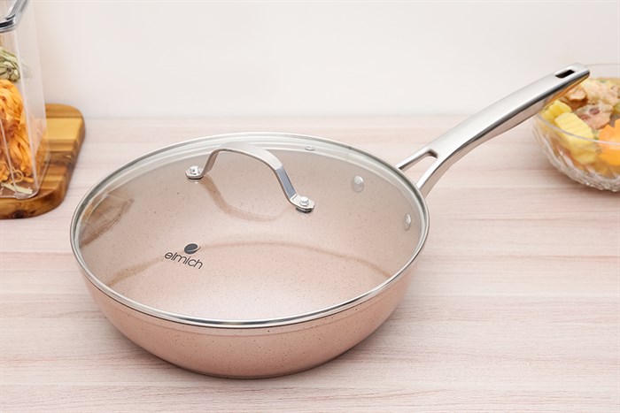 Chảo nhôm chống dính vân đá đáy từ nắp kính 28 cm Elmich Fusion EL-3969 Hồng có vung kính trong suốt để quan sát món ăn