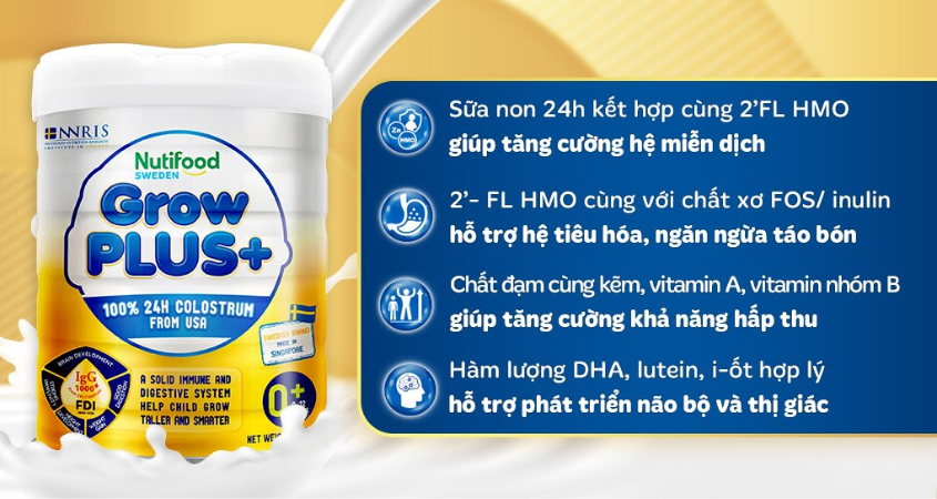 Sữa bột Nutifood GrowPLUS+ vàng 0+ (sữa non) hương vani 800g (0 - 12 tháng)