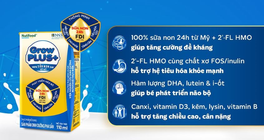 Thùng 48 hộp sữa non pha sẵn Nutifood GrowPLUS+ vàng hương vani 110 ml (từ 2 tuổi)