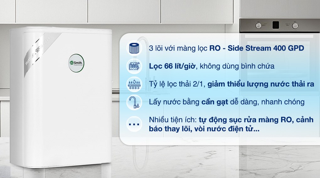 Máy lọc nước RO AOSmith S400 công suất lớn 66 lít/giờ lọc không bình chứa