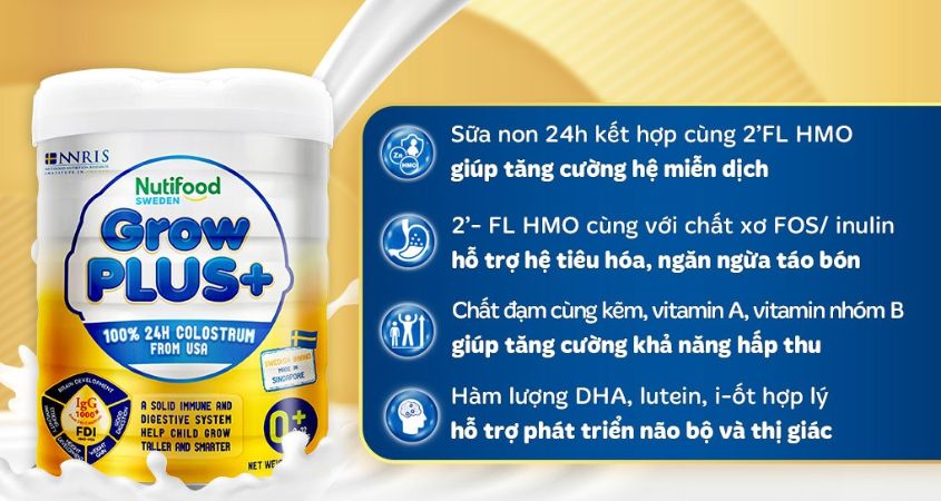 Sữa bột Nutifood GrowPLUS+ vàng 0+ (sữa non) hương vani 800g (0 - 12 tháng)