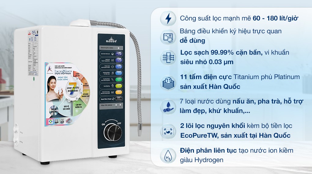 Máy lọc nước ion kiềm Robot IonStar 11X 11 tấm điện cực để bàn Máy lọc nước ion kiềm Robot IonStar 11X 11 tấm điện cực để bàn