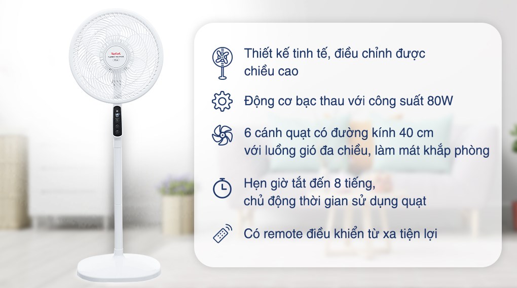 Quạt đứng Tefal 6 cánh VH689690 80W hoạt động với công suất 80W, làm mát hiệu quả cho không gian phòng khách hay phòng ngủ