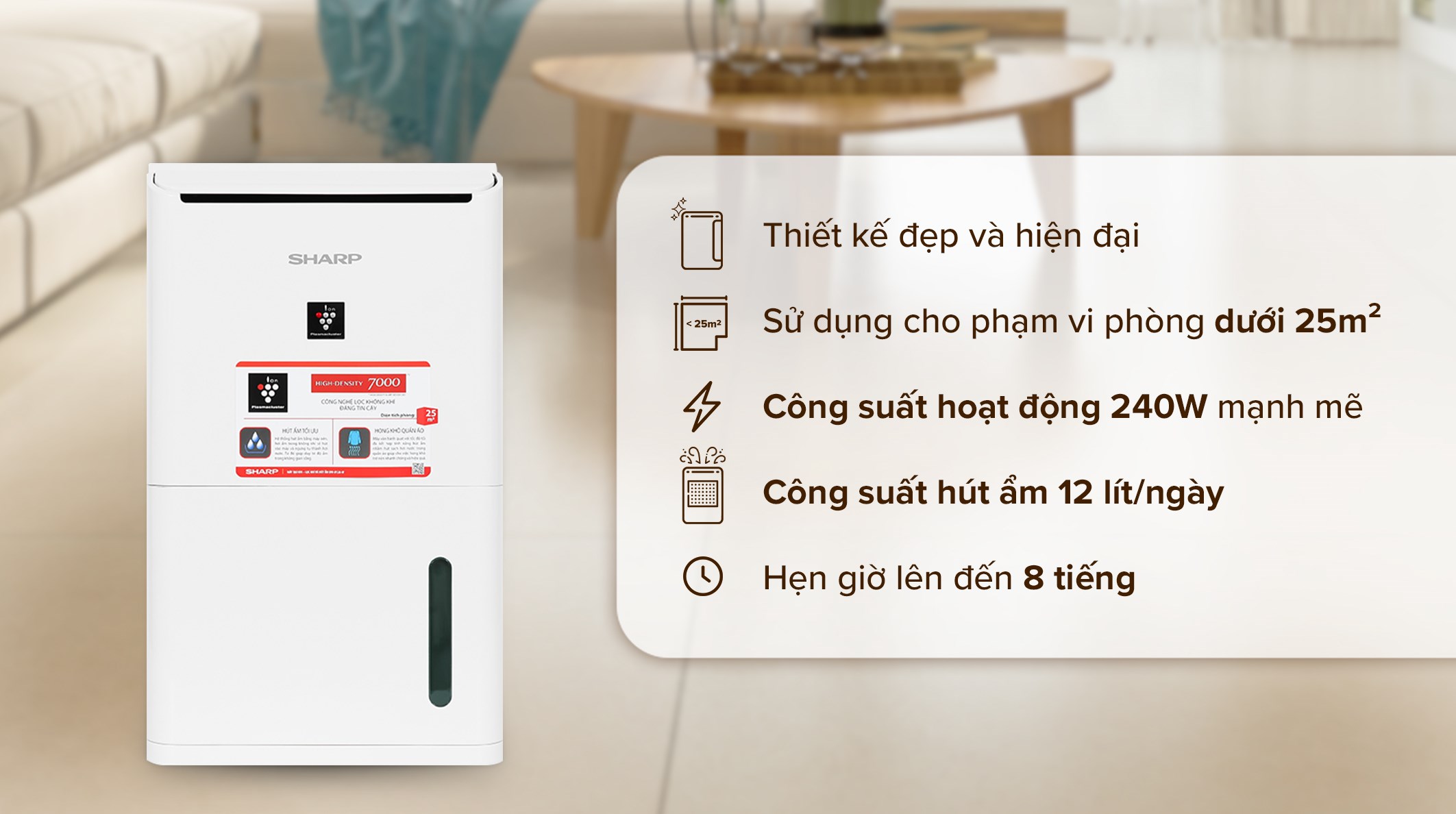 Máy hút ẩm Sharp DW-D12A-W dưới 20m² gọn nhẹ, êm ái, phù hợp phòng ngủ nhỏ, hút ẩm hiệu quả và tiết kiệm điện