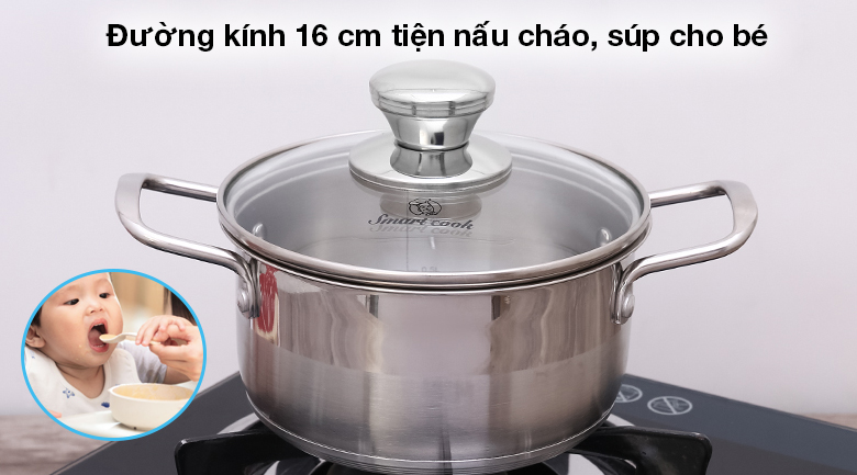 Nồi inox 3 đáy Smartcook 16cm nhỏ gọn nấu cháo cho bé