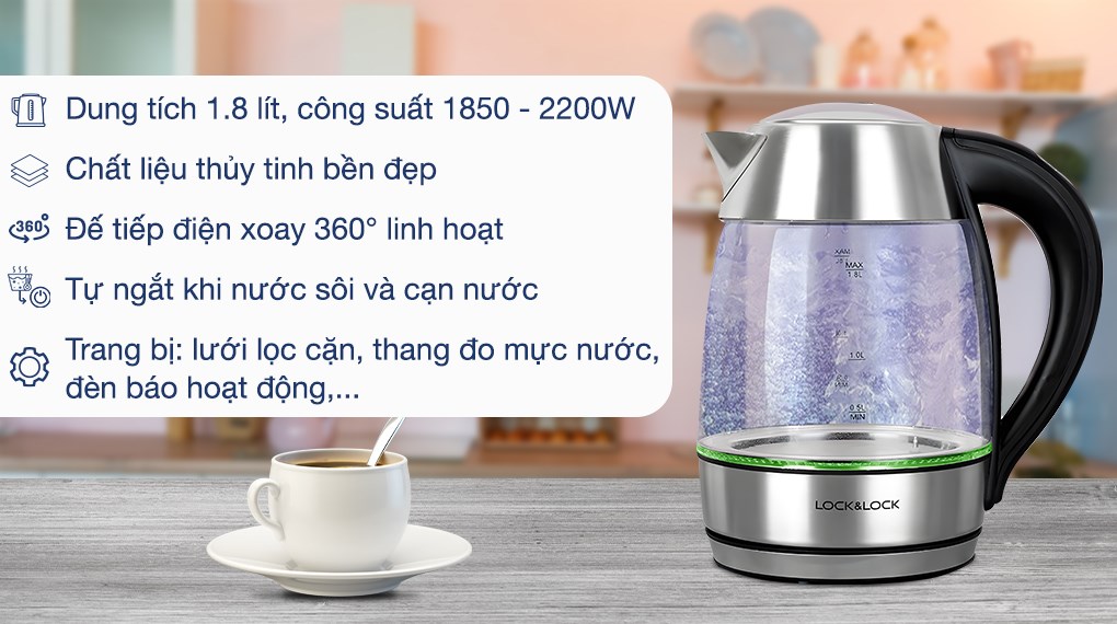 Bình đun siêu tốc Lock&Lock 1.8 lít EJK341 có vỏ bình và ruột bình làm từ chất liệu thủy tinh chịu nhiệt tốt, an toàn cho sức khỏe gia đình bạn