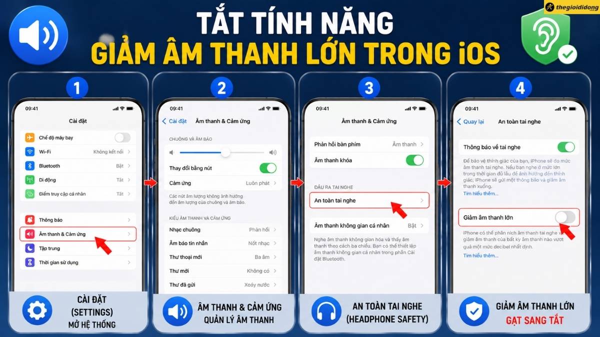 Tắt t&iacute;nh năng giảm &acirc;m thanh lớn trong c&agrave;i đặt iOS