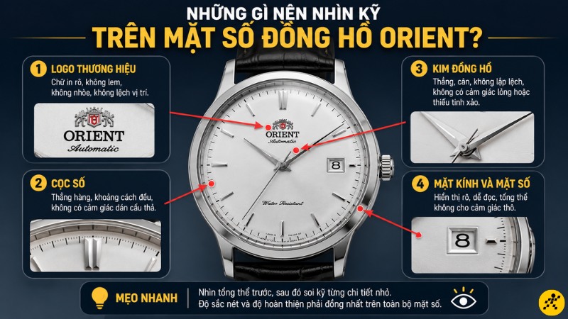 Quan sát mặt đồng hồ: Logo, cọc số, kim và độ hoàn thiện Quan sát mặt đồng hồ: Logo, cọc số, kim và độ hoàn thiện