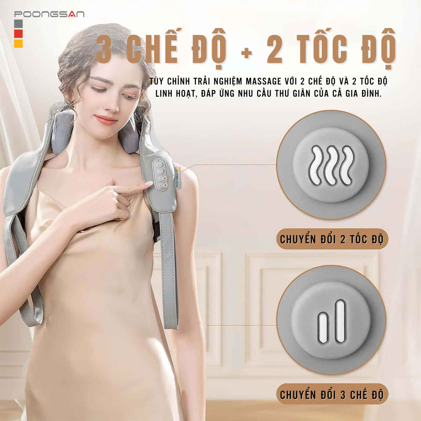 Máy massage cổ vai gáy Poongsan N18-BR thiết kế có tay đeo tiện dụng, có thể đeo máy trong khi làm việc hoặc thư giãn