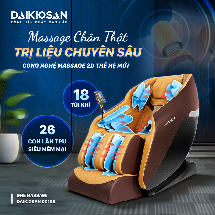 Ghế massage Daikiosan DC108 thiết kế cao cấp với da simili chống cháy cùng khung sườn bền bỉ có thể chịu trọng tải lên đến 200kg