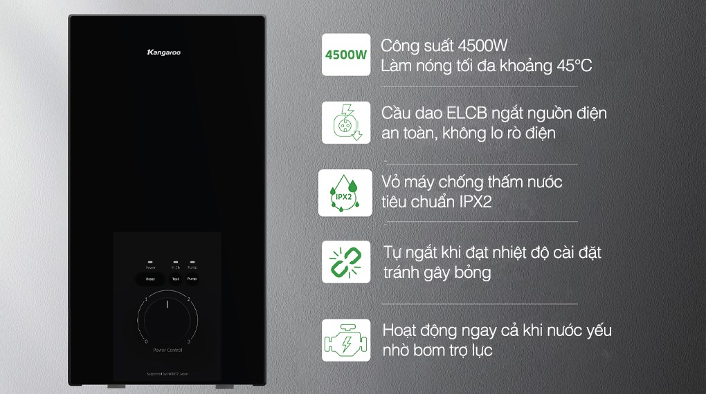 Máy nước nóng trực tiếp Kangaroo 4500W KGWD45P2 có khả năng làm nóng đến 45 độ C nên chỉ phù hợp với khu vực miền Nam hay nơi có nhiệt độ trên 20 độ C