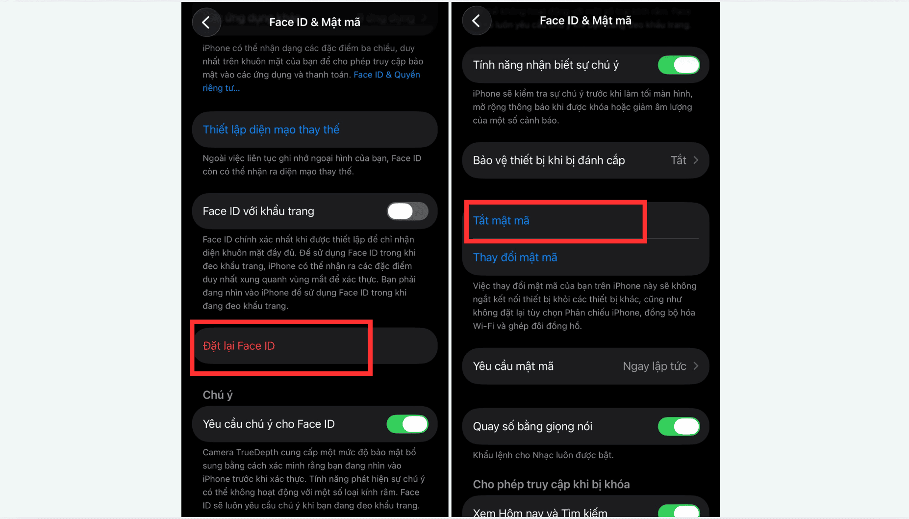 Đặt lại Face ID rồi tắt mật mã