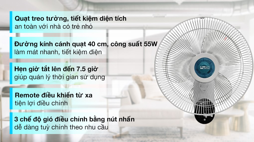 Quạt treo tường AC AWF02A163 55W gắn cố định trên tường, tiết kiệm không gian