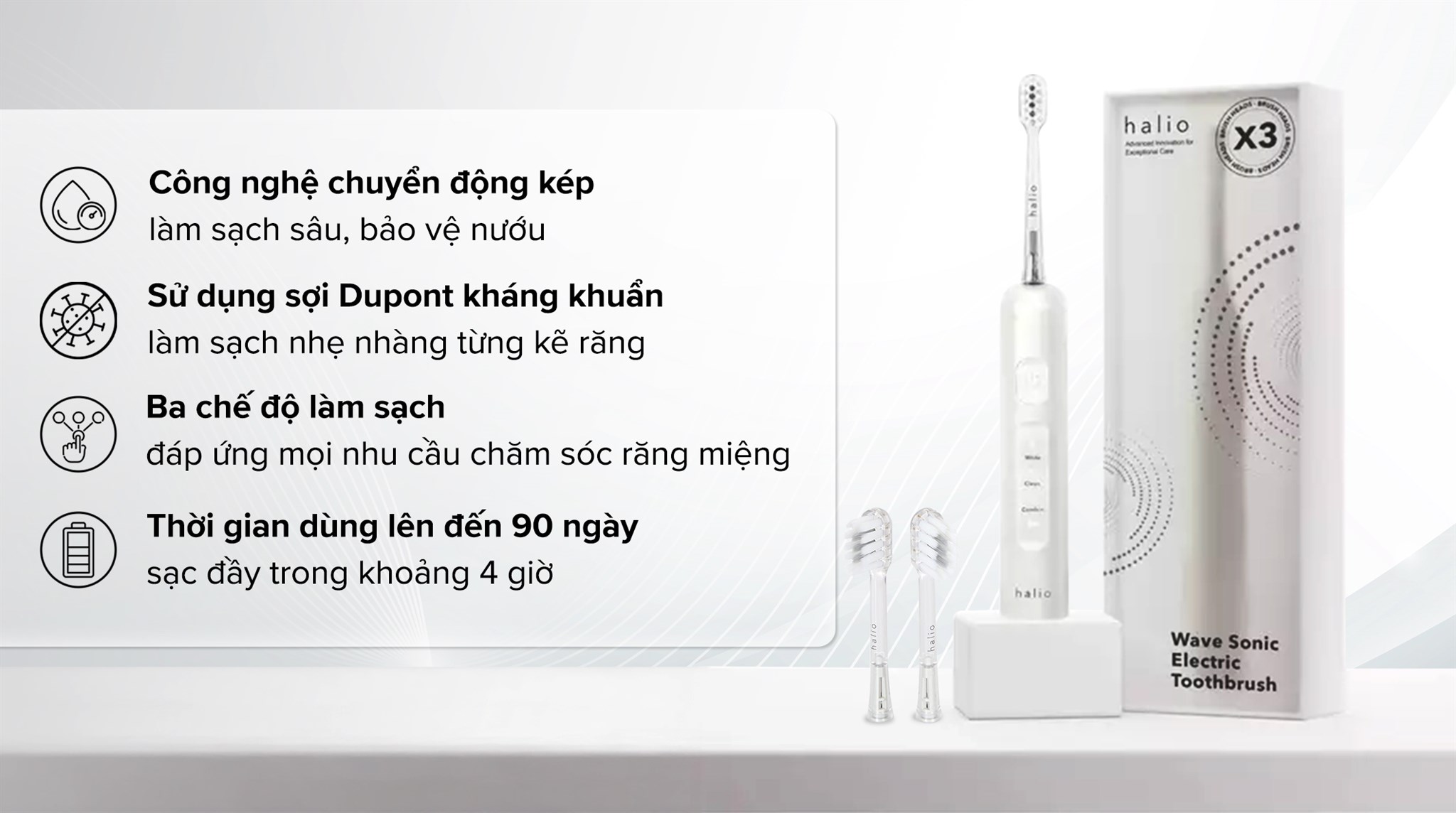 Bàn chải điện Halio Wave Sonic Cloud White đạt chuẩn kháng nước IPX7, giúp bạn thoải mái, an tâm khi sử dụng và vệ sinh