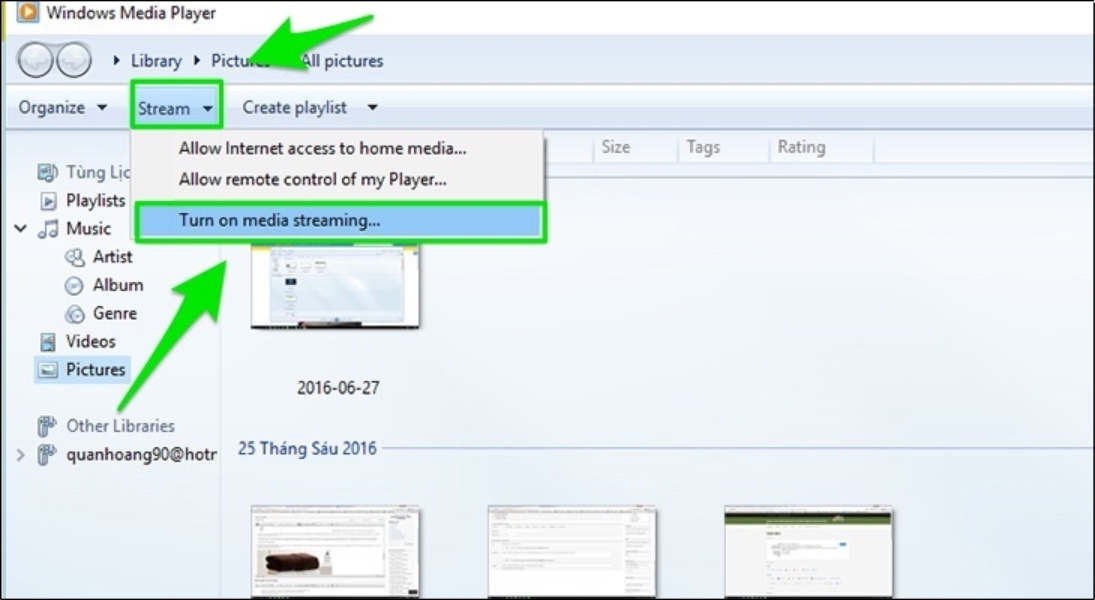 Trên máy tính, mở Windows Media Player chọn Turn on media streaming để bật tính năng chia sẻ