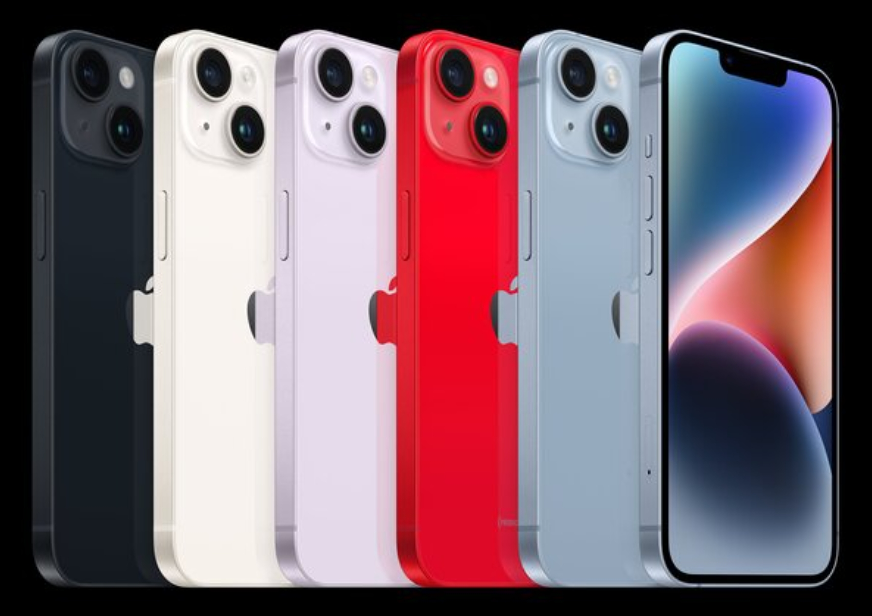 iPhone 14 với 5 màu sắc gồm: đen, xanh dương, trắng, tím và đỏ