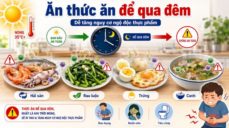 Các món từ trứng, rau luộc, món canh và hải sản nấu chín không nên để qua đêm Các món từ trứng, rau luộc, món canh và hải sản nấu chín không nên để qua đêm