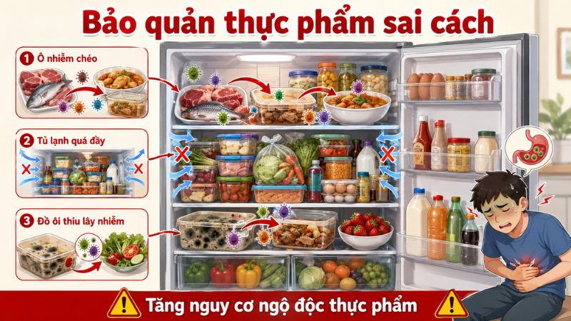 Chứa quá nhiều thực phẩm làm chặn luồng khí lạnh lưu thông gây hư hỏng thực phẩm Chứa quá nhiều thực phẩm làm chặn luồng khí lạnh lưu thông gây hư hỏng thực phẩm