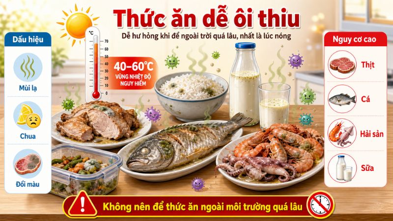 Thực phẩm để ngoài môi trường có khả năng cao bị ôi thiu Thực phẩm để ngoài môi trường có khả năng cao bị ôi thiu