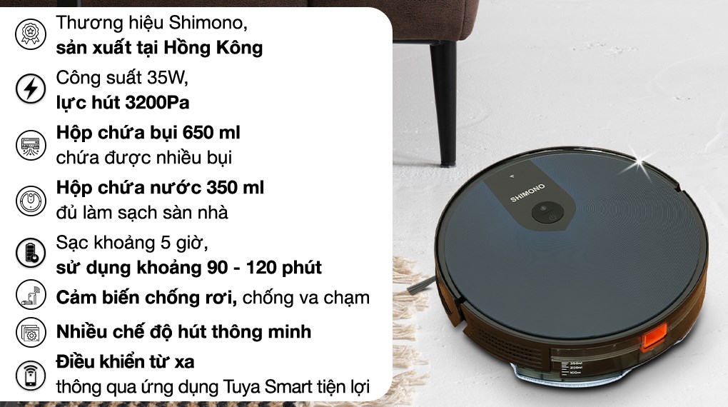 Robot hút bụi lau nhà Shimono X6S cung lượng pin lên đến 2600 mAh, sau khi sạc đầy trong 5 giờ là có thể sử dụng liên tục khoảng 90 - 120 phút