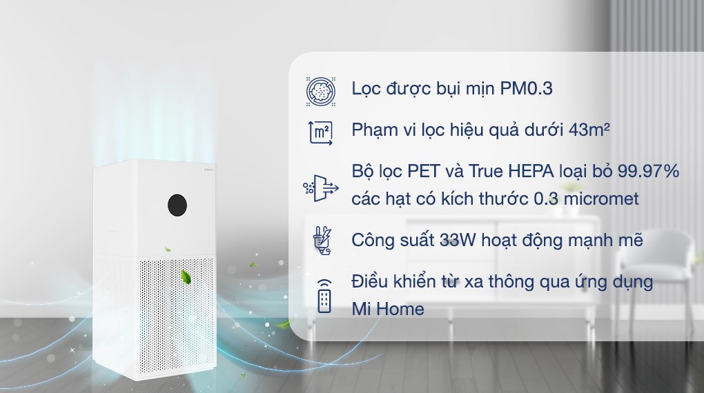 Máy lọc không khí Xiaomi 4 Lite có công suất mạnh mẽ 33W, lọc hiệu quả cho phòng khách, phòng họp công sở, hội trường nhỏ