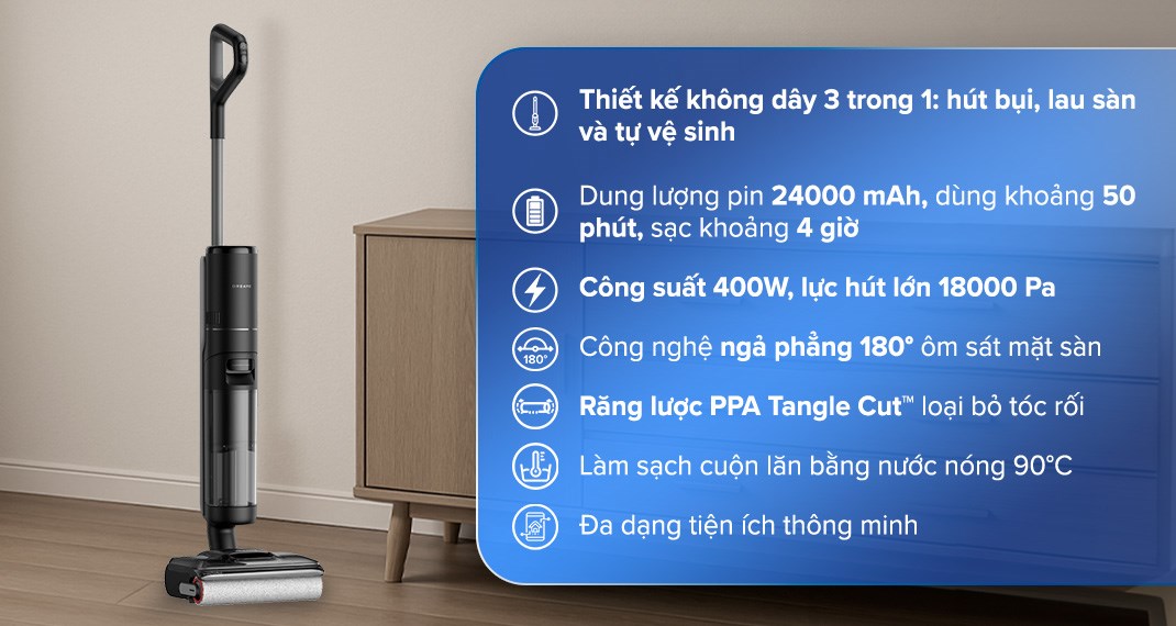 Máy hút bụi lau nhà Dreame H13 FlexReach được trang bị tiện ích đèn báo dung lượng pin giúp dễ dàng theo dõi tình trạng pin