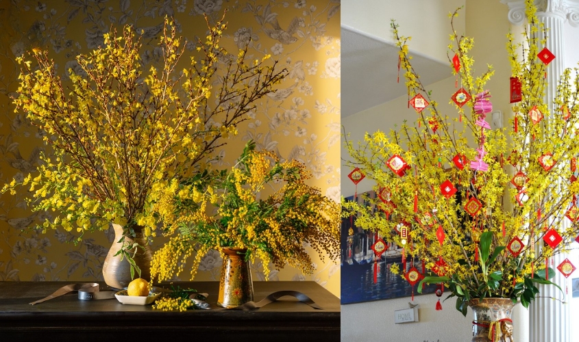 Mẫu hoa mai cắm bàn thờ dịp Tết 2025