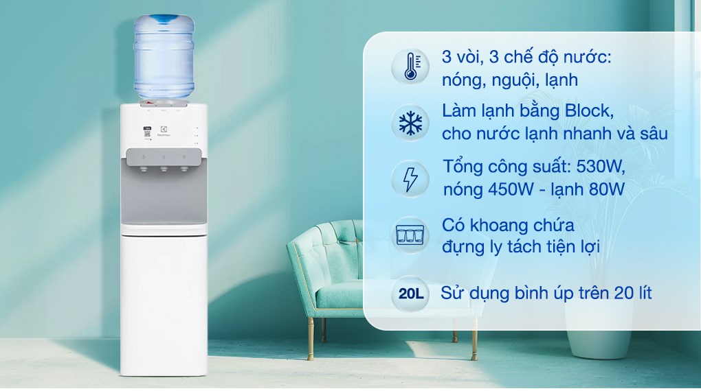 Cây nước nóng lạnh Electrolux EDBMFACWF 530W sở hữu 3 chế độ nước nóng, lạnh và nguội, đem đến sự tiện dụng cho người dùng