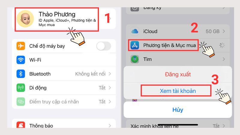 Chạm nhập Tên > Phương tiện và Mục mua sắm > Xem thông tin tài khoản 