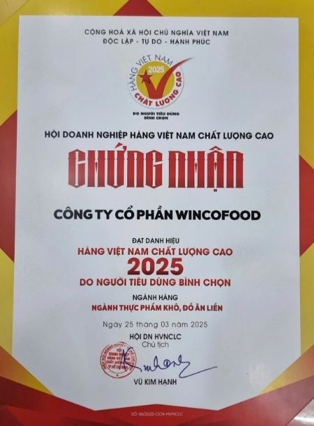 Hình ảnh chứng nhận Hàng Việt Nam chất lương cao 2025 của Wincofood