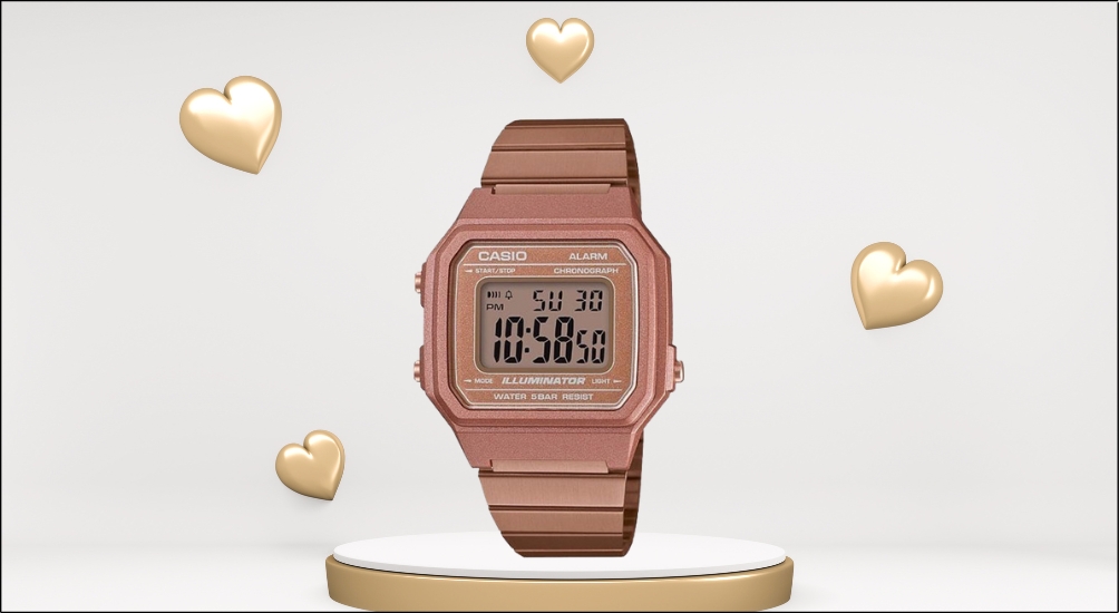Casio điện tử Rose Gold được mạ ion vàng hồng tinh tế trên nền chất liệu thép không gỉ, tạo nên vẻ ngoài sáng bóng và sành điệu