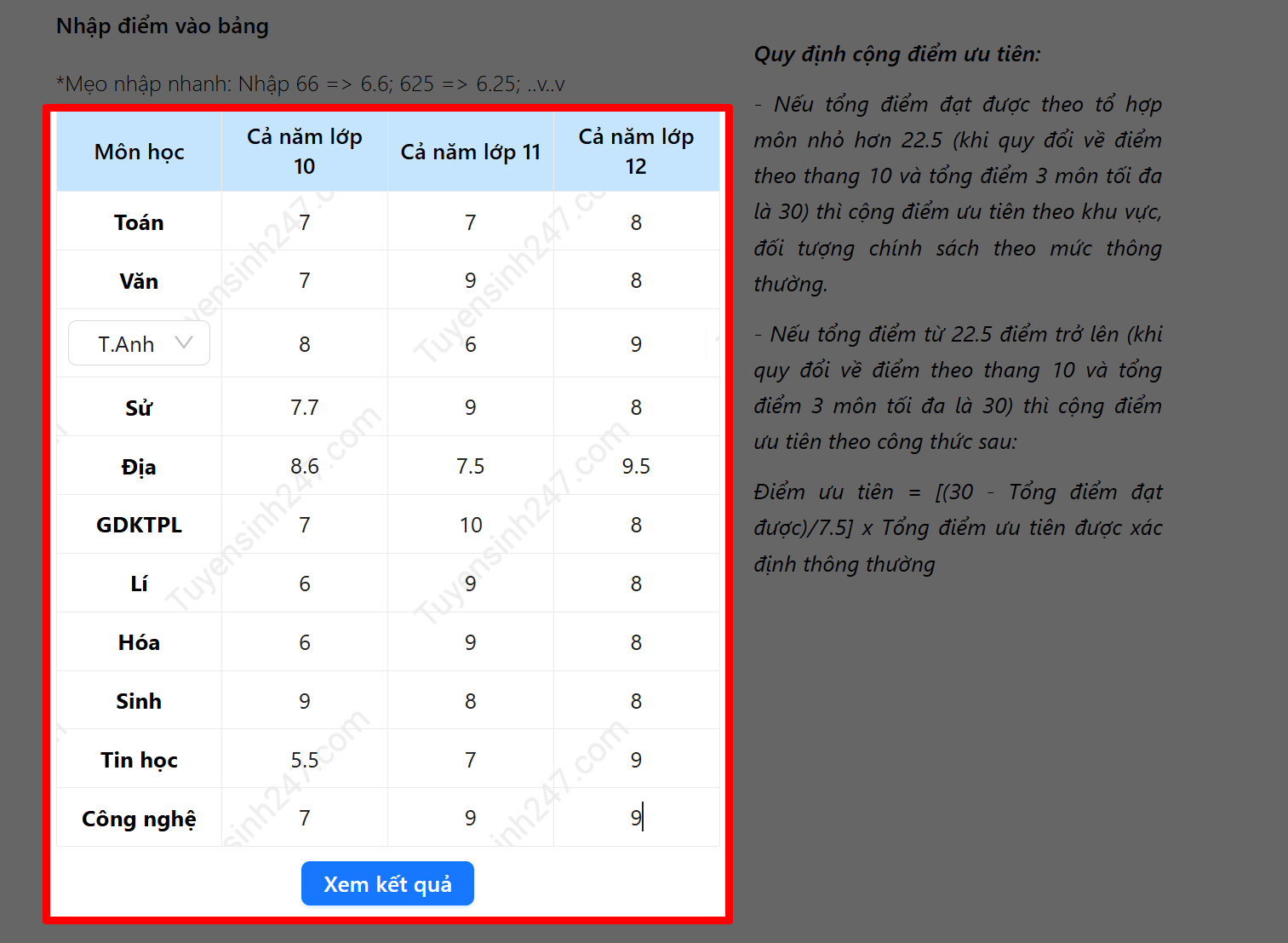 Cách tính điểm xét học bạ 2025
