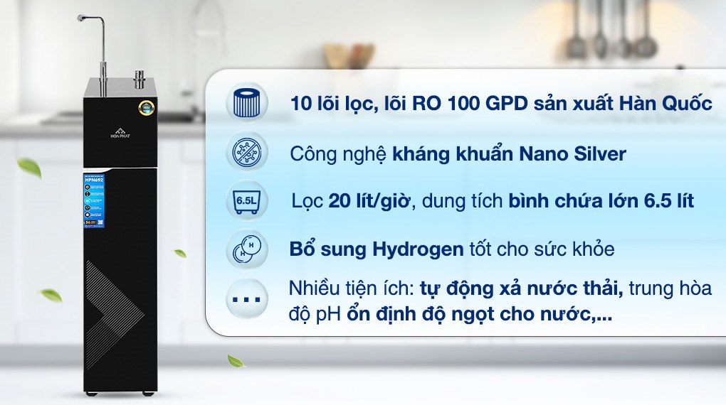 Máy lọc nước RO nóng nguội lạnh Hòa Phát HPN692 10 lõi có thiết kế dạng tủ đứng, đặt gọn ở mọi không gian