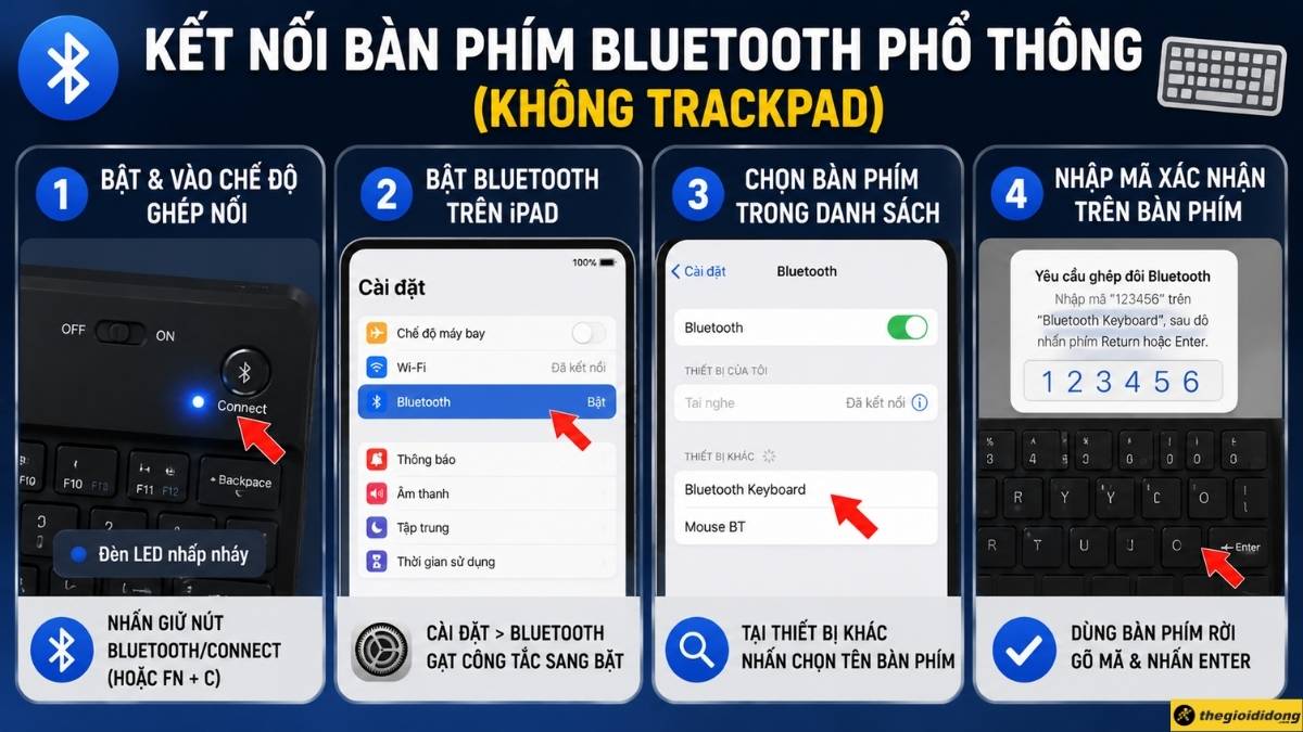 C&aacute;ch kết nối b&agrave;n ph&iacute;m Bluetooth kh&ocirc;ng Trackpad với iPad