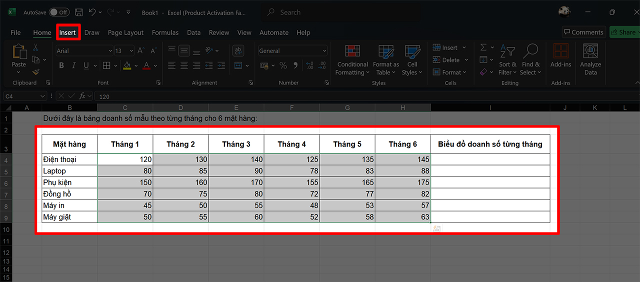 cách vẽ biểu đồ minh họa từng dòng trong Microsoft Excel