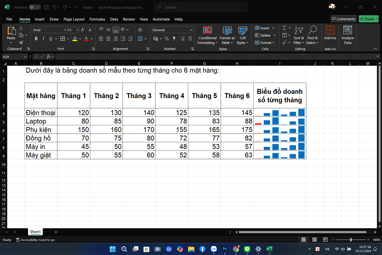 cách vẽ biểu đồ minh họa từng dòng trong Microsoft Excel