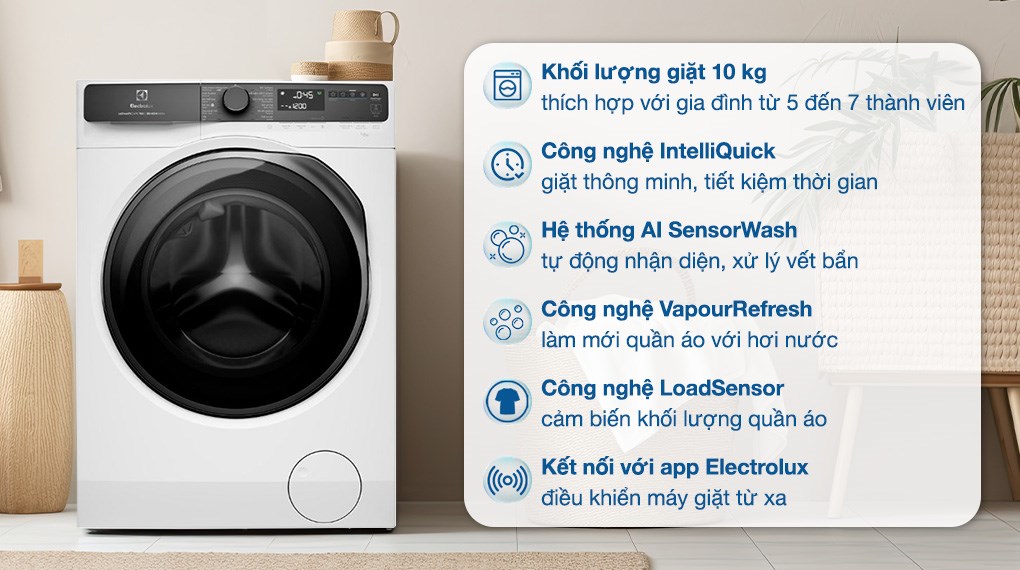 Máy giặt Electrolux UltimateCare 700 Inverter 10 kg EWF1043R7WC có cảm biến khối lượng quần áo để tiết kiệm nước hiệu quả