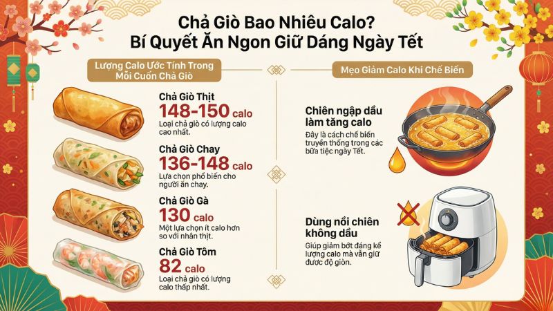 Lượng calo của chả gi&ograve; phụ thuộc v&agrave;o cả vỏ b&aacute;nh, nh&acirc;n v&agrave; c&aacute;ch chế biến