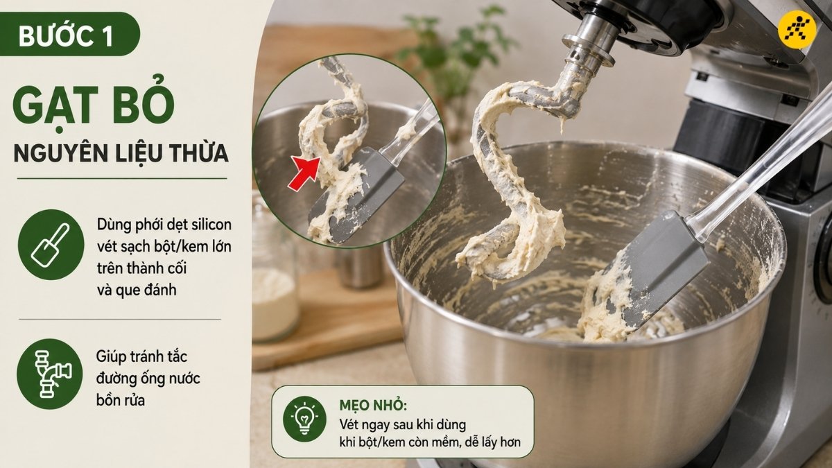 Gạt bỏ nguyên liệu thừa trên máy trộn bột