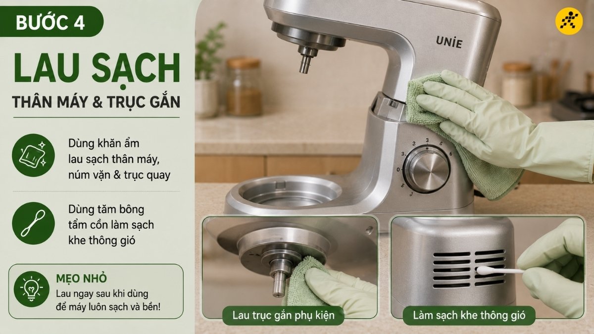 Lau sạch thân máy và trục gắn phụ kiện