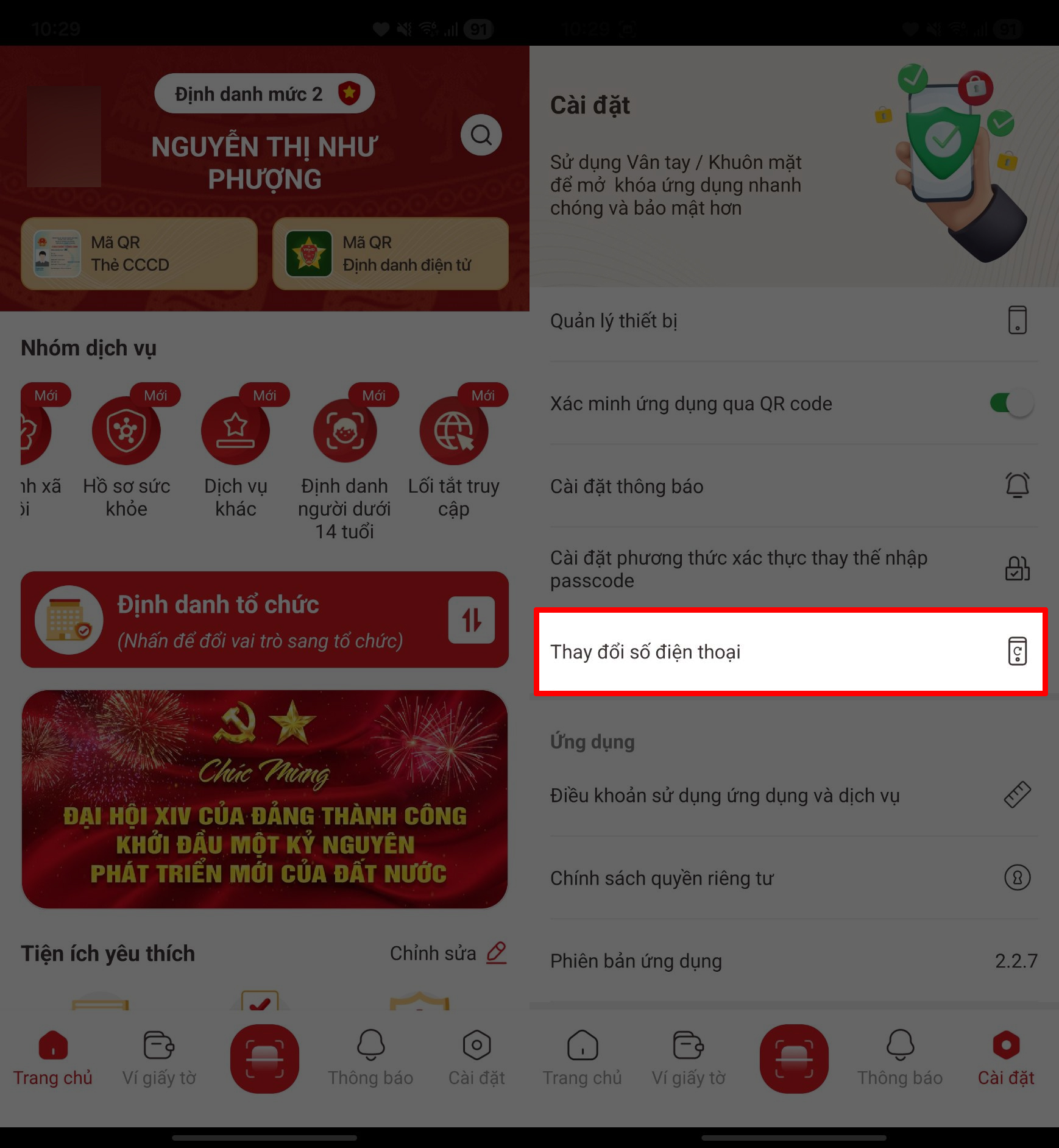 Cách đổi số điện thoại tài khoản VNeID