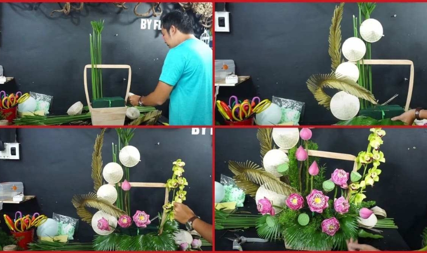 Giỏ hoa sen kết hợp nón lá tặng thầy cô ngày 20/11