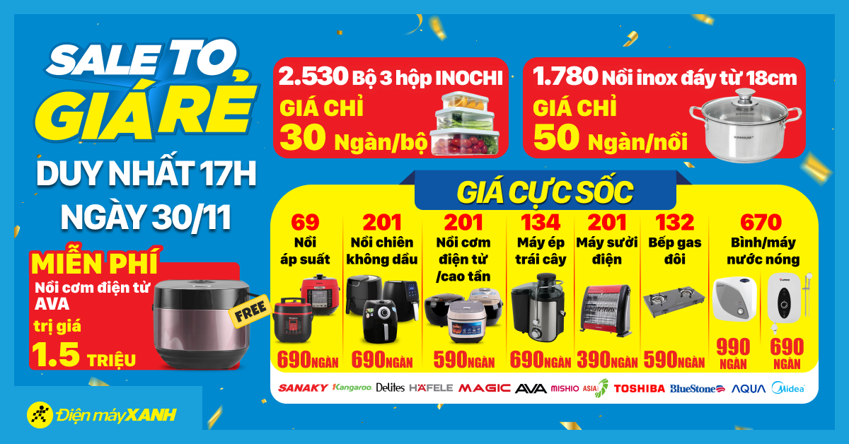 Sale To Giá Rẻ - Duy Nhất 30/11 - Miễn Phí Nồi Cơm Điện Tử Đến 1.5 Triệu - Mua Nồi Inox Đáy Từ Chỉ 50k