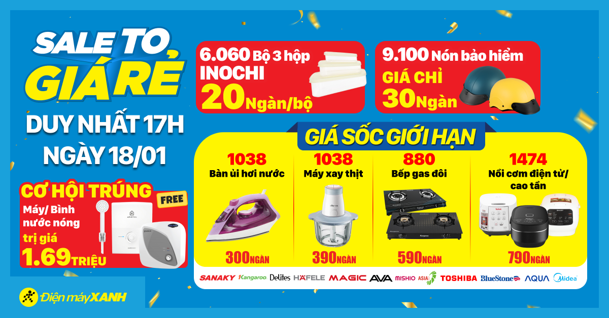 Sale To Giá Rẻ - Duy Nhất 18/01 - Miễn Phí Máy/bình Nước Nóng Trị Giá 1.69 Triệu - Mua Nón Bảo Hiểm Chỉ 30k