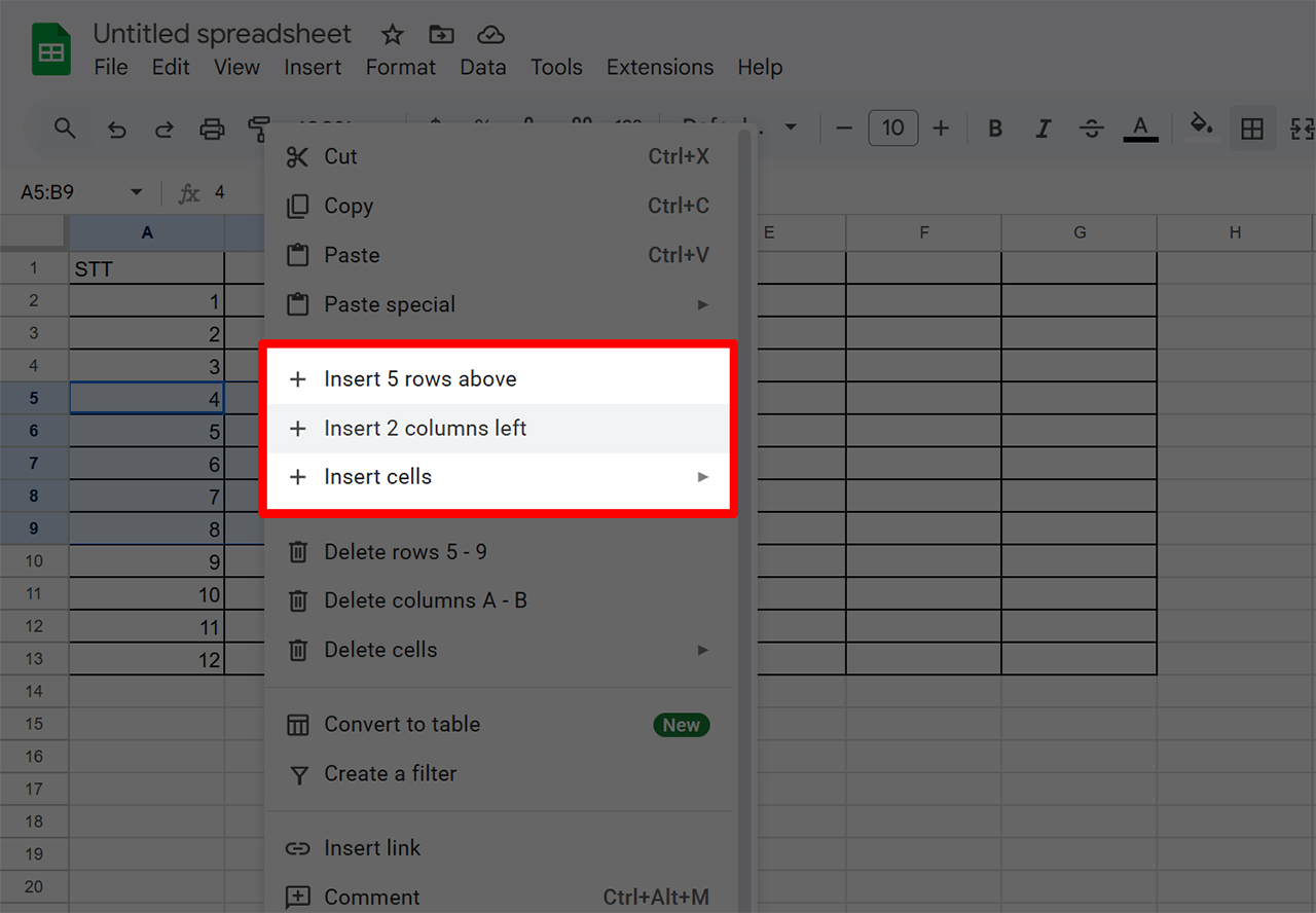 Chèn nhiều dòng trong Google Sheets