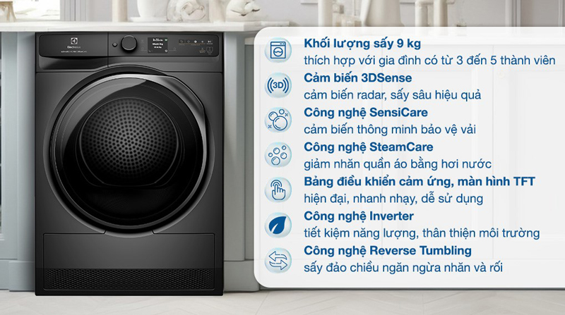 Máy sấy Electrolux tích hợp công nghệ hiện đại, sấy khô nhanh, diệt khuẩn và bảo vệ quần áo tối ưu