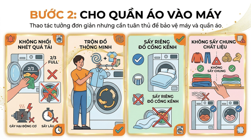 Bước 2: Cho đồ vào 2-3 lồng sấy, trộn hợp lý, không sấy chung chất liệu khác để máy hoạt động tốt