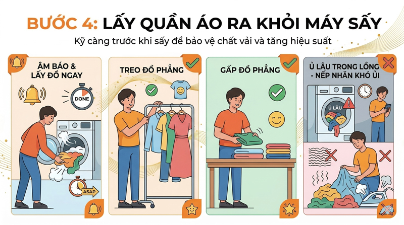 Bước 4: Lấy quần áo ngay khi sấy xong để tránh nhăn, giữ đồ luôn phẳng và dễ sử dụng