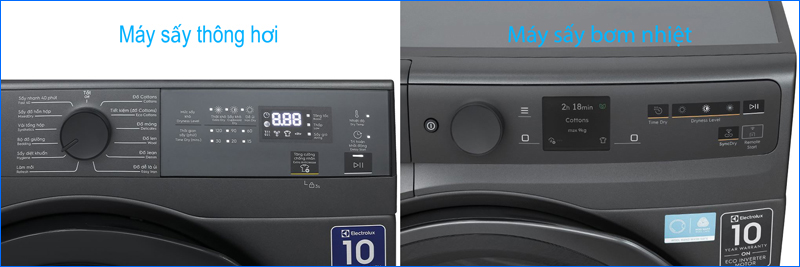 Bảng điều khiển máy sấy Electrolux gồm nút nguồn, núm chọn chế độ, màn hình hiển thị và các tùy chỉnh sấy dễ dùng