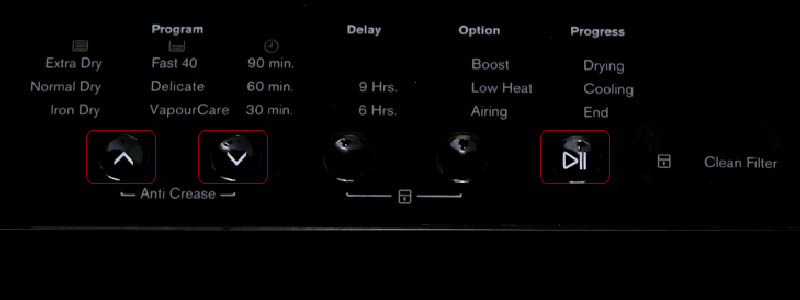 Nhấn nguồn, xoay núm chọn chế độ phù hợp, đóng cửa và nhấn Start để bắt đầu sấy